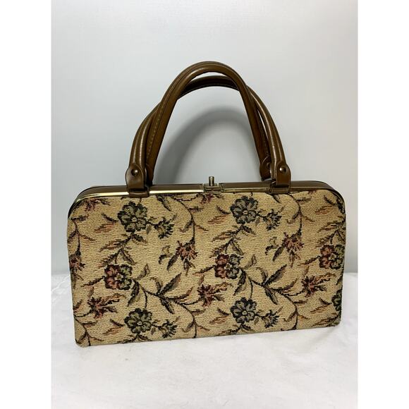 Vintage Tapestry Floral Satchel Kiss lock Handbag -Needlepoint - Picture 3 of 14